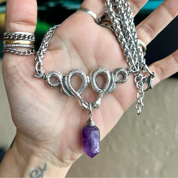 Amethyst crystal stone snake charm stainless steel chain necklace goth boho . - Picture 9 of 11